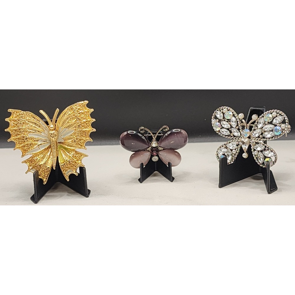 Vintage 3 Pc Butterfly Brooch Lot Gold Enamel Purple Eye Crystal 1 ART READ